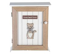 SPOTTED DOG GIFT COMPANY Caja para Llaves 6 Ganchos, Caja Colgador Llaves, Armario de Llaves para la Pared, Madera Blanco y Marrón, Decoración para la Cocina y el Hogar con Diseño de Gato