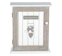 SPOTTED DOG GIFT COMPANY Caja para Llaves 6 Ganchos, Caja Colgador Llaves, Armario de Llaves para la Pared, Madera Blanco y Gris, Decoración para la Cocina y el Hogar con Diseño de Gato
