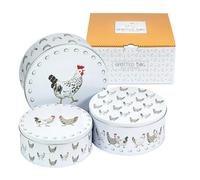 SPOTTED DOG GIFT COMPANY Juego de 3 Latas Almacenamiento para Tartas Redondas, Cajas para Galletas y Pasteles de Metal, Apilables Herméticos, Pequeño 20x9, Mediano 22x10, Grande 25x11cm - Gallinas