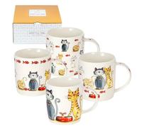SPOTTED DOG GIFT COMPANY Juego de 4 Tazas de Gato 350 ml, Tazas de Café y Té de Cerámica con Diseño de Gatos Bonitos, Regalos para Amantes de los Gatos