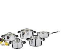 Spring FUSION2+ - Juego de 5 cacerolas multicapa de 5 capas, asas con revestimiento de silicona, escalado interior, apta para inducción, con tapas de cristal