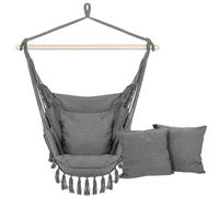 Springos Silla colgante brasileña gris con 2 cojines, algodón/poliéster, estructura de madera, soporta hasta 150 kg, bolsillo lateral, cómoda silla colgante de diseño bohemio para jardín, terraza e