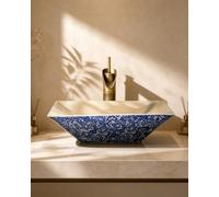 SQYHYTS Lavabo De Cerámica Tipo Cuenco Lavabo De Sobremesa Lavabos Vintage De Porcelana Azul Y Blanca Lavadero De Baño Tipo Cuenco De Un Solo Seno Rectangular 3 Opciones De Grifería,A,50×38×15cm