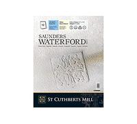 ST CUTHBERTS MILL Saunders Waterford, Papel de acuarela para bellas artes, Duro, 300gsm, Bloc pegado por los 4 lados, 12x16'', Blanco intenso, 20 hojas