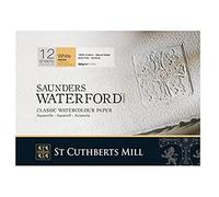 ST CUTHBERTS MILL Saunders Waterford, Papel de acuarela para bellas artes, Prensado en frío (NO), 300gsm, Bloc pegado por los 4 lados, 12x9, Blanco, 12 hojas