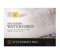ST CUTHBERTS MILL Saunders Waterford, Papel de acuarela para bellas artes, Duro, 300gsm, 1 Bloc pegado en el lado, 12x9, Blanco, 12 hojas