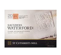 ST CUTHBERTS MILL Saunders Waterford, Papel de acuarela para bellas artes, Prensado en caliente, 300gsm, 1 Bloc pegado en el lado, 14x10, Blanco, 12 hojas