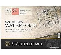 ST CUTHBERTS MILL Saunders Waterford, Papel de acuarela para bellas artes, Prensado en frío (NO), 300gsm, Bloc pegado por los 4 lados, 16x12, Blanco, 20 hojas