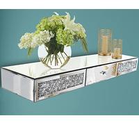ST3000 Estante de pared con espejo de cristal de diamante con cajón de 80 cm, espejo plateado rizado, estante flotante para dormitorio, sala de estar, tocador, recibidor, expositor