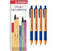 STABILO Bolígrafo de punta redonda de 0,5 mm de ancho de trazo, recargable y retráctil, paquete de 4 bolígrafos en paquete de regalo de sobre, tinta azul