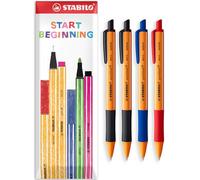 STABILO Bolígrafo de punta redonda de 0,5 mm de ancho de trazo, recargable y retráctil, paquete de 4 bolígrafos en paquete de regalo de sobre, tinta negra, azul y roja
