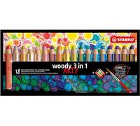 STABILO Lápiz de color multitalento Woody 3 en 1 ARTY – Estuche 18 colores, sacapuntas y pincel