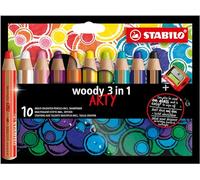 STABILO Lápiz de color multitalento woody 3 en 1 ARTY - Estuche 10 colores con sacapuntas