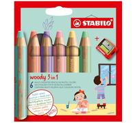 STABILO Lápiz de color multitalento woody 3 en 1 – Estuche 6 colores pastel y sacapuntas