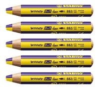 STABILO - lápiz de color, acuarela y cera - woody 3 in 1 duo | mina bicolor, pack de 5, amarillo/violeta