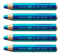 STABILO - lápiz de color, acuarela y cera - woody 3 in 1 duo | mina bicolor, pack de 5, azul ultramar/turquesa