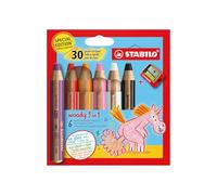 STABILO - lápiz de color, acuarela y cera - woody 3 in 1 | edición aniversario, unicornio, pack de 6 con sacapuntas, 6 colores