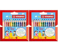 STABILO Lápiz de color escolar triangular, grueso y corto Trio thick short - Estuche con 12 colores (Paquete de 2)