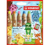 STABILO - Lápiz de color multitalento - woody 3 en 1 Animal Vibes - Estuche de 5 con sacapuntas