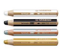 STABILO Lápiz multitalentoso Woody 3 en 1, paquete de 4, negro, blanco, dorado y plateado