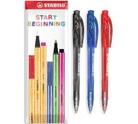 STABILO Liner - Bolígrafo retráctil, punta fina de 0,7 mm, paquete de 3 (negro, azul, rojo)
