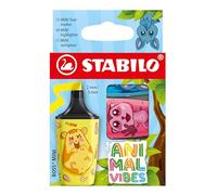 STABILO Marcador fluorescente BOSS MINI Animal Vibes – Estuche de 3 rosa, amarillo y azul