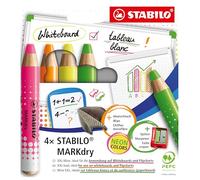 STABILO Marcador para pizarra blanca y rotafolios MARKdry – Estuche de 4 neón con sacapuntas y paño