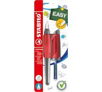 STABILO - Pluma estilográfica escolar con plumín estándar M - EASYbuddy en coral/rojo - azul (borrable) - incluye cartucho - blíster