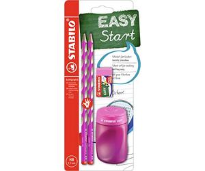 STABILO - Set escolar para diestros - EASYgraph S en rosa - incluye sacapuntas + goma de borrar