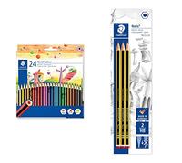STAEDTLER 185 C24 Lápices de colores (24 unidades) Multicolor + Noris 120-2BK3DA. Lápices de Madera Certificada. Pack con Tres Lapiceros de Grafito HB
