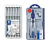 STAEDTLER 308 SB6P. Rotuladores Fineliner Pigment Liner. Estuche con 6 unidades. & NORIS CLUB 550 01, compás escolar de precisión con rueda de ajuste, Color Plateado