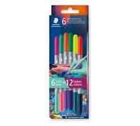 STAEDTLER 3280C6E2-1 - Rotulador de doble fibra bicolor, dos puntas, dos colores diferentes, anchos de línea de 3 mm y 1 mm, estuche de cartón con 6 rotuladores en colores surtidos