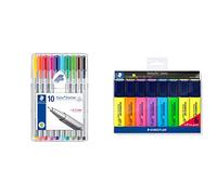 STAEDTLER 334 SB10 - Bolígrafo punta fina, 10 unidades, Multicolor + 364 A WP8 ST, Set de 8 Marcadores Fluorescentes, Multicolor