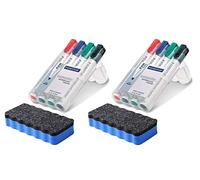 Staedtler 351 WP4 Lumocolor - Rotuladores para pizarra blanca, 4 unidades en estuche, surtido de colores en paquete con borrador azul, rotuladores y borrador azul, 2