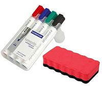 Staedtler 351 WP4 Lumocolor Rotuladores para pizarra blanca, 4 unidades en estuche, surtido de colores en paquete con borrador azul (1 lápiz + borrador rojo)
