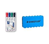 Staedtler 652 BK - Borrador para pizarra + 351 WP4 - Rotuladores para pizarra blanca Lumocolor, inodoro, secado rápido y recargable, paquete de 4