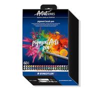 STAEDTLER Brush pen pigment Arts, tinta de dibujo premium, punta de pincel para ancho de línea variable, impermeable, secado rápido, 60 rotuladores en colores surtidos en estuche de cartón, 371 C60