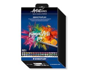 STAEDTLER Brush pen pigment Arts, tinta de dibujo premium, punta de pincel para ancho de línea variable, impermeable, secado rápido, 60 rotuladores en colores surtidos en estuche de cartón, 371 C60