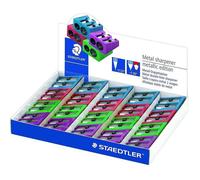 Staedtler expositor de 20 sacapuntas metalicos con cuchilla de metal - angulo de afilado de 23° y 30º - 2 agujeros - colores surtidos