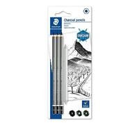 STAEDTLER Lápices de carboncillo Set - 3 durezas, con difuminador | Carboncillo negro intenso, mina 4,5 mm y difuminador de papel - sombreado expresivo para arte - Art.-Nr. 100C SBK4