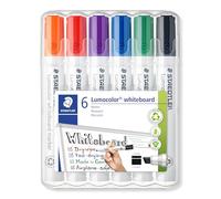 STAEDTLER Lumocolor 351 B Rotuladores pizarra - 6 colores, biselada 2-5 mm | Borrable, sin residuos en vidrio & porcelana, punta biselada - tecnología DRY SAFE - Art.-Nr. 351 B WP6