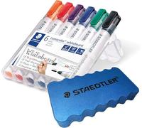 Staedtler Lumocolor 351, marcadores para pizarra blanca de secado rápido, libres de Xileno y Tolueno y prácticamente inodoros, punta de bala de 2 mm, estuche con 6 colores surtidos, 351 WP6 (goma + 6
