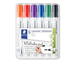 STAEDTLER Lumocolor 351 Rotuladores pizarra blanca - 6 colores, 2,0 mm | Tinta borrable de secado rápido, punta redonda - se borra sin residuos, tecnología DRY SAFE - Art.-Nr. 351 WP6