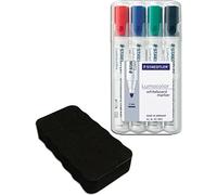 Staedtler Lumocolor 351 WP4 Rotuladores para pizarra blanca, 4 unidades, en caja con borrador (rotuladores + borrador negro, 1)