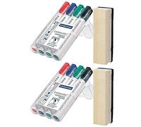 Staedtler Lumocolor 351 WP4 Rotuladores para pizarra blanca, 4 unidades, en caja desplegable con borrador (rotuladores + borrador madera, 2)