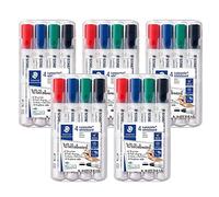 Staedtler Lumocolor 351 WP4 Rotuladores para pizarra blanca, punta redonda, estuche con 4 colores (colores surtidos, juego de 4 rotuladores, 5 unidades)