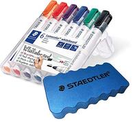 Staedtler Lumocolor 351 WP6 - Rotulador para pizarra blanca, punta redonda de aproximadamente 2 mm, 6 colores (1 funda + esponja para pizarra blanca)