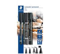Staedtler Juego de rotuladores Lumocolor permanent 60 BK - 4 unidades, puntas variadas, blanco