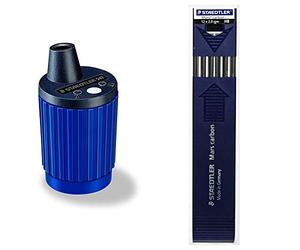 STAEDTLER Mars 502. Afilaminas con depósito. Caja con un afilaminas automático para minas de 2 mm. + 200-HB Estuche con 12 minas