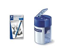 STAEDTLER Mars Lumograph 100 G12, Pack de 12 lápices de dibujo de distinta dureza, Azul & 512 001 - Sacapuntas (doble agujero, diámetro máximo de 10,2 mm, contenedor transparente), color azul